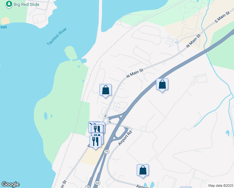 map of restaurants, bars, coffee shops, grocery stores, and more near 4621 North Main Street in Fall River