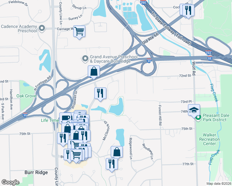 map of restaurants, bars, coffee shops, grocery stores, and more near 1335 Burr Ridge Parkway in Burr Ridge
