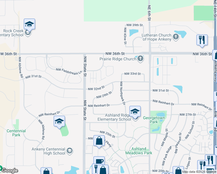map of restaurants, bars, coffee shops, grocery stores, and more near 1880 Northwest 32nd Street in Ankeny