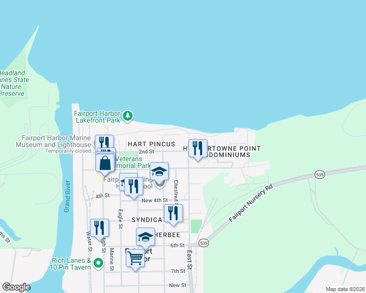 map of restaurants, bars, coffee shops, grocery stores, and more near 533 2nd Street in Fairport Harbor