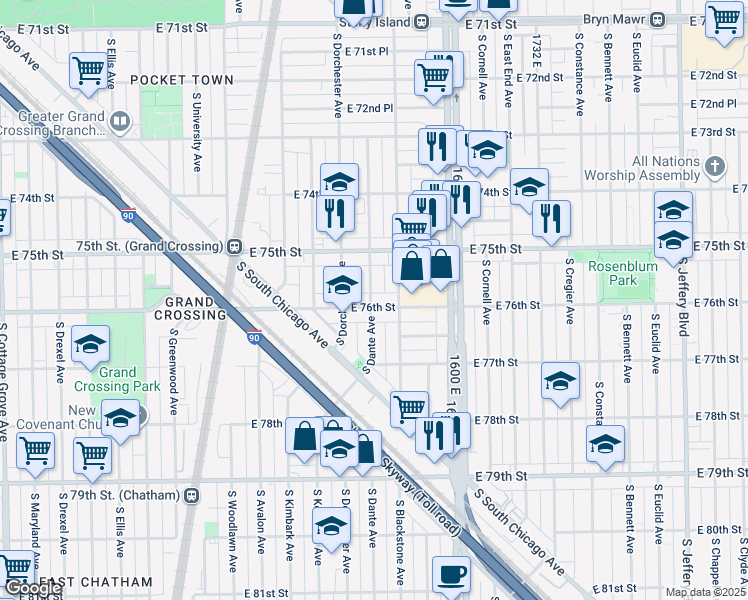 map of restaurants, bars, coffee shops, grocery stores, and more near 1434 East 76th Street in Chicago