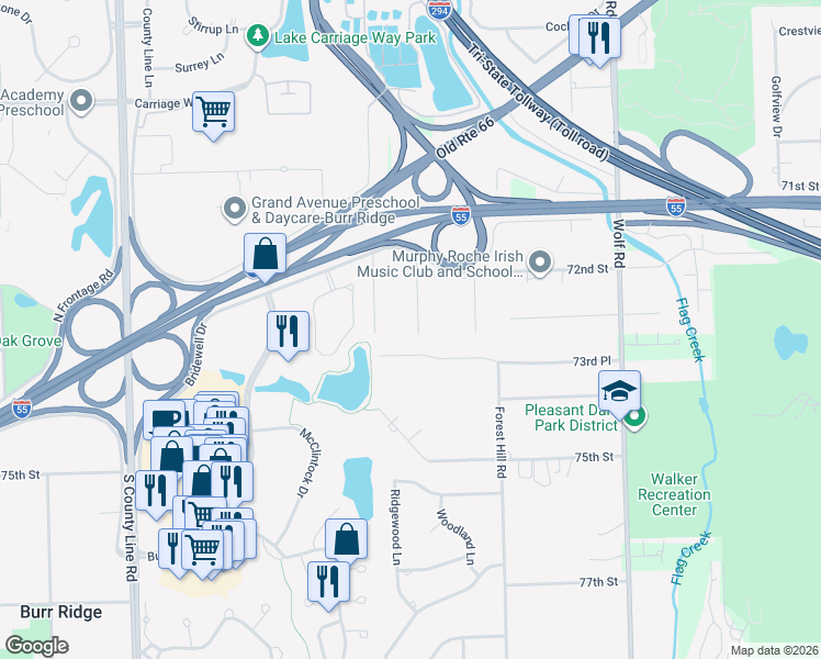 map of restaurants, bars, coffee shops, grocery stores, and more near 7254 Fair Elms Avenue in Burr Ridge