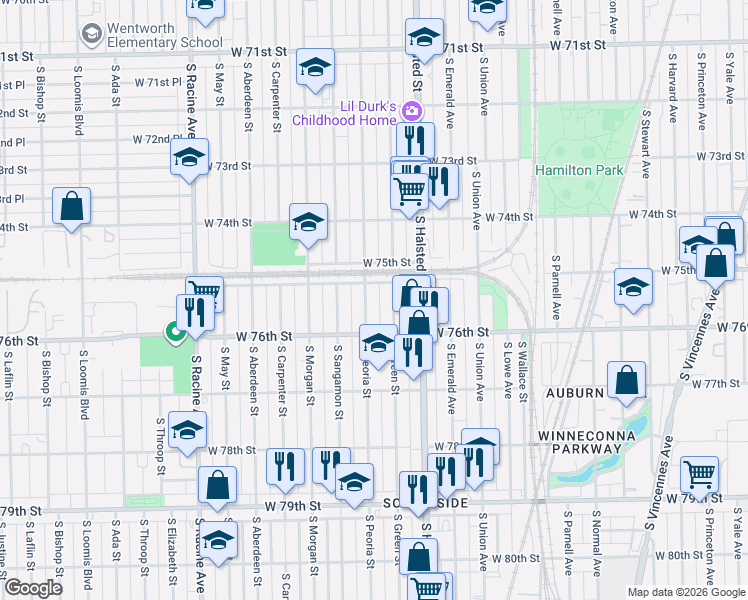 map of restaurants, bars, coffee shops, grocery stores, and more near 7523 South Peoria Street in Chicago