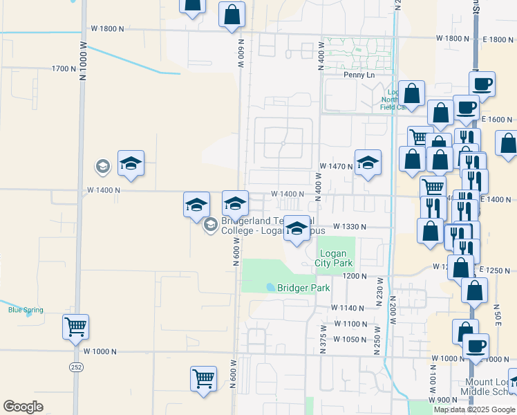 map of restaurants, bars, coffee shops, grocery stores, and more near 559 West 1350 North in Logan