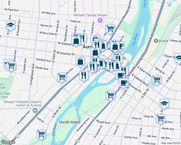 map of restaurants, bars, coffee shops, grocery stores, and more near 101 South River Street in Aurora