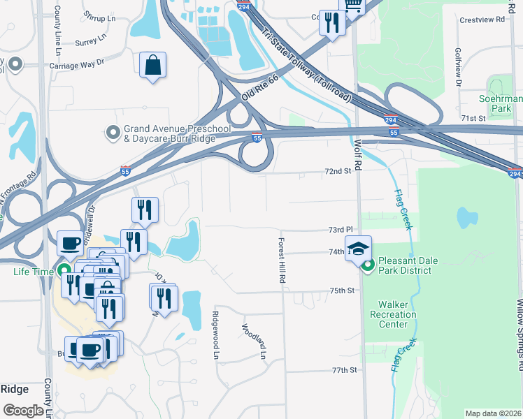 map of restaurants, bars, coffee shops, grocery stores, and more near 7254 Central Avenue in Burr Ridge