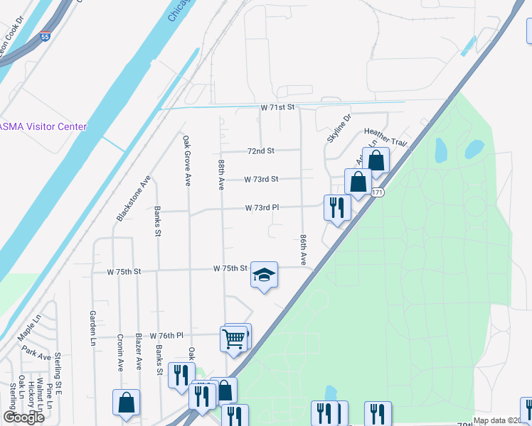 map of restaurants, bars, coffee shops, grocery stores, and more near 8715 West 73rd Place in Justice