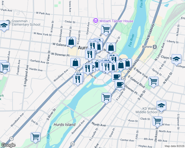 map of restaurants, bars, coffee shops, grocery stores, and more near 37 West Benton Street in Aurora
