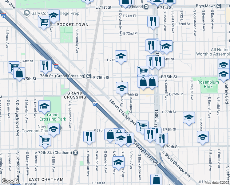 map of restaurants, bars, coffee shops, grocery stores, and more near 1354 East 76th Street in Chicago