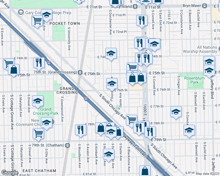 map of restaurants, bars, coffee shops, grocery stores, and more near 1354 East 76th Street in Chicago
