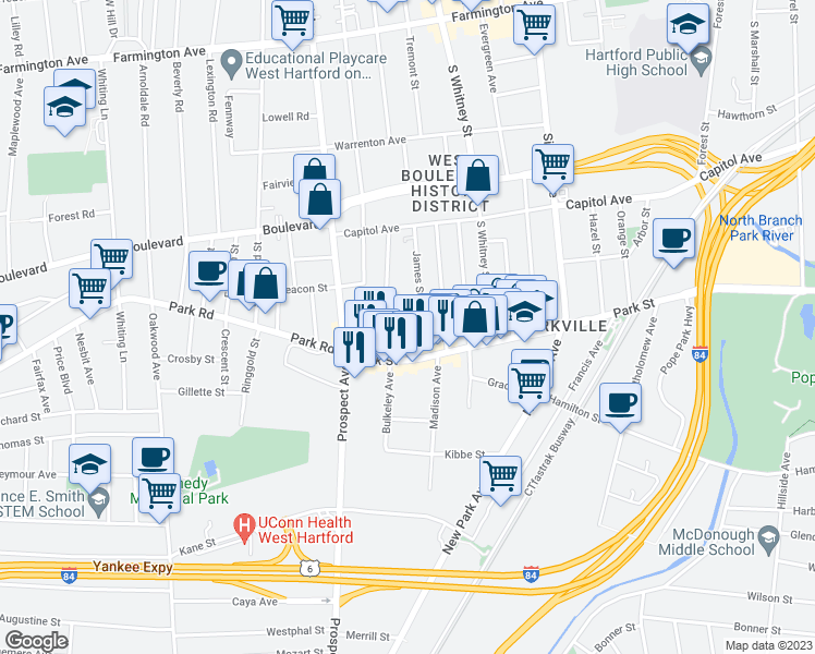 map of restaurants, bars, coffee shops, grocery stores, and more near 27 Dorothy Street in Hartford