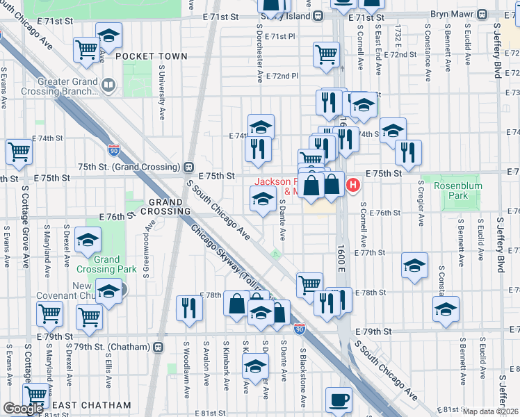 map of restaurants, bars, coffee shops, grocery stores, and more near 1354 East 76th Street in Chicago