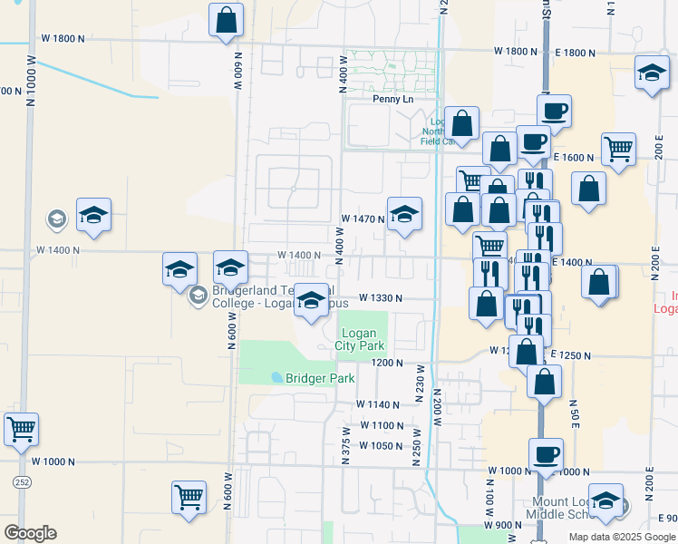 map of restaurants, bars, coffee shops, grocery stores, and more near 1361 North 400 West in Logan