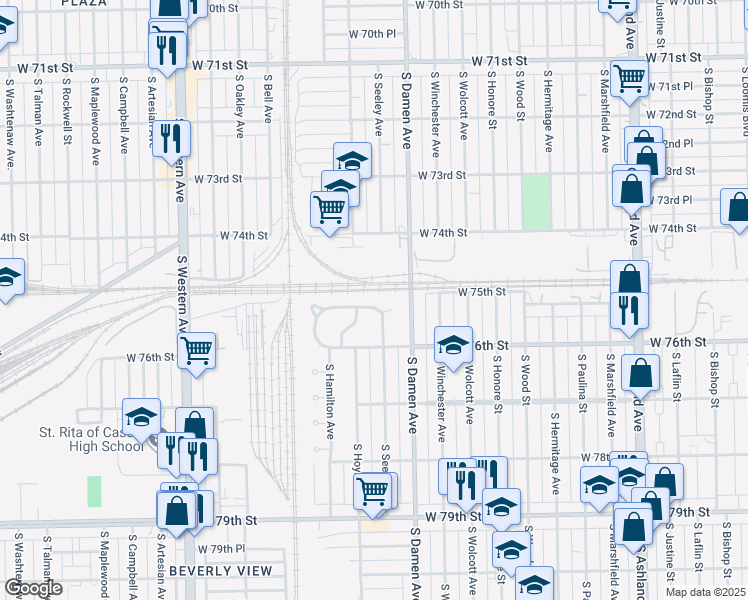 map of restaurants, bars, coffee shops, grocery stores, and more near 2101 West 75th Place in Chicago