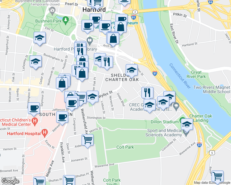 map of restaurants, bars, coffee shops, grocery stores, and more near 137 Wyllys Street in Hartford