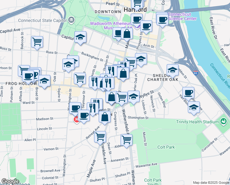 map of restaurants, bars, coffee shops, grocery stores, and more near 65 Park Street in Hartford