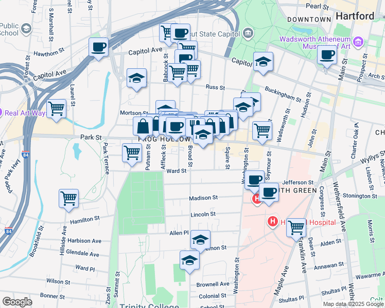 map of restaurants, bars, coffee shops, grocery stores, and more near 912 Broad Street in Hartford