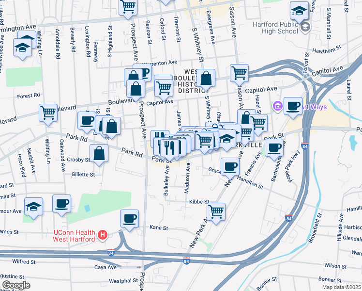 map of restaurants, bars, coffee shops, grocery stores, and more near 25 Dorothy Street in Hartford