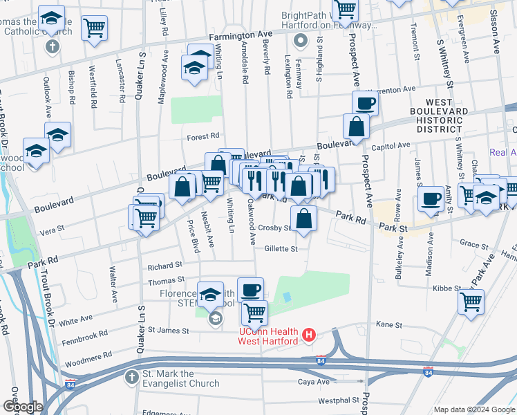 map of restaurants, bars, coffee shops, grocery stores, and more near 21 Kingston Street in West Hartford