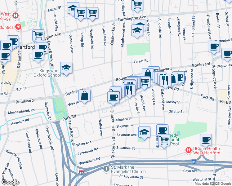 map of restaurants, bars, coffee shops, grocery stores, and more near 222 Quaker Lane South in West Hartford