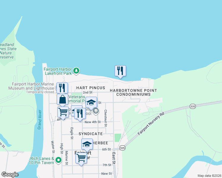 map of restaurants, bars, coffee shops, grocery stores, and more near 533 2nd Street in Fairport Harbor