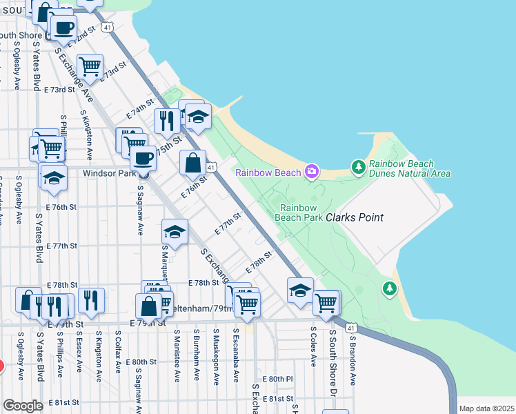 map of restaurants, bars, coffee shops, grocery stores, and more near 7733 South South Shore Drive in Chicago