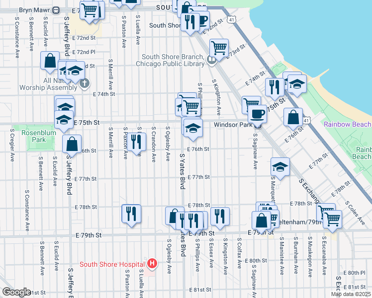 map of restaurants, bars, coffee shops, grocery stores, and more near 7604 South Phillips Avenue in Chicago