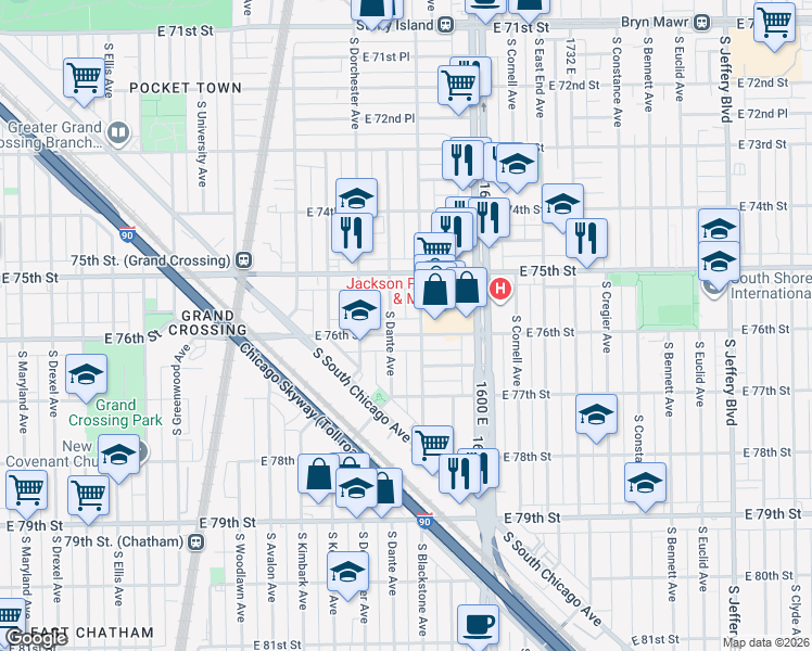 map of restaurants, bars, coffee shops, grocery stores, and more near 1434 East 76th Street in Chicago