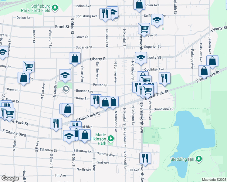 map of restaurants, bars, coffee shops, grocery stores, and more near 180 North Sumner Avenue in Aurora