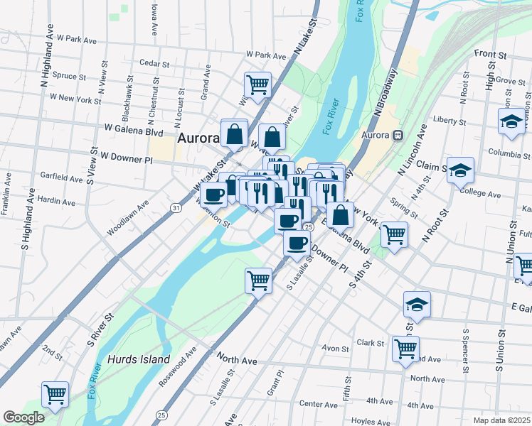 map of restaurants, bars, coffee shops, grocery stores, and more near 1 West Downer Place in Aurora