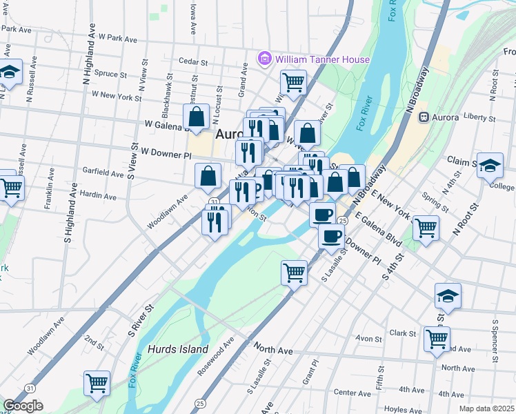 map of restaurants, bars, coffee shops, grocery stores, and more near 37 West Benton Street in Aurora
