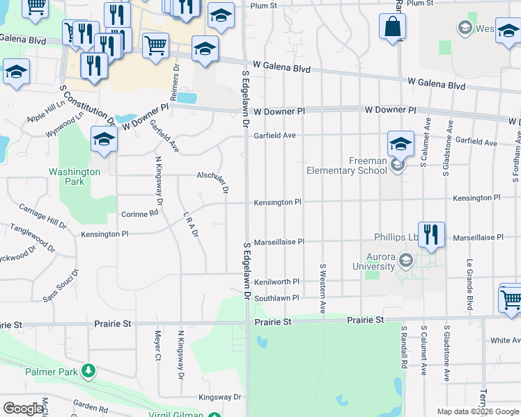 map of restaurants, bars, coffee shops, grocery stores, and more near 214 South Edgelawn Drive in Aurora