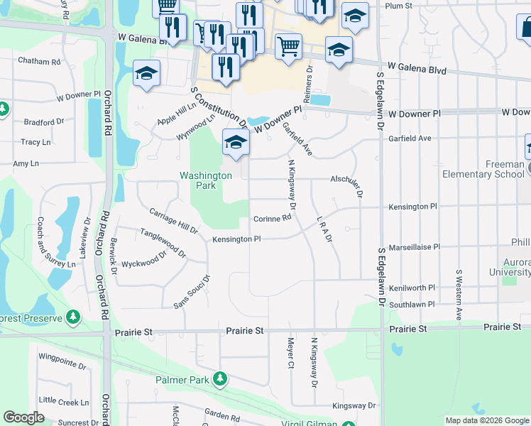 map of restaurants, bars, coffee shops, grocery stores, and more near 2085 Corinne Road in Aurora