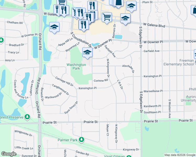 map of restaurants, bars, coffee shops, grocery stores, and more near 2085 Corinne Road in Aurora