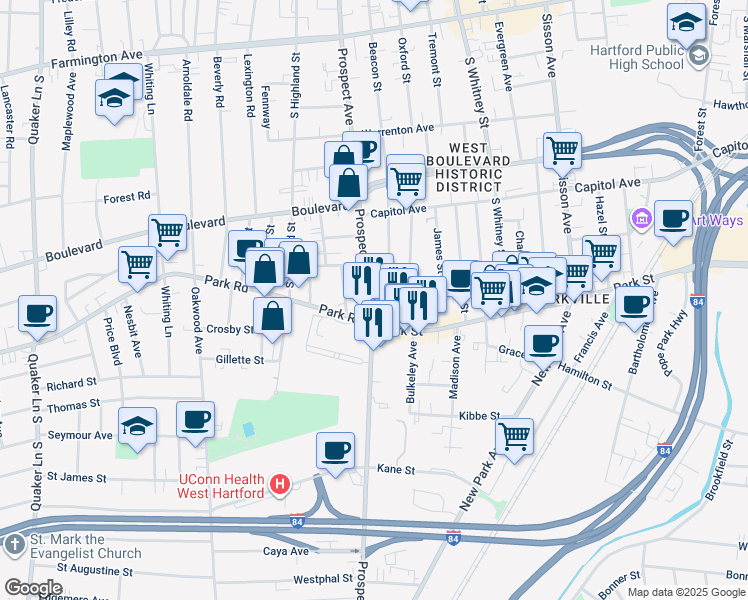 map of restaurants, bars, coffee shops, grocery stores, and more near 358 Prospect Avenue in Hartford