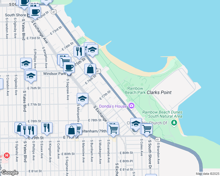 map of restaurants, bars, coffee shops, grocery stores, and more near 7668 South South Shore Drive in Chicago