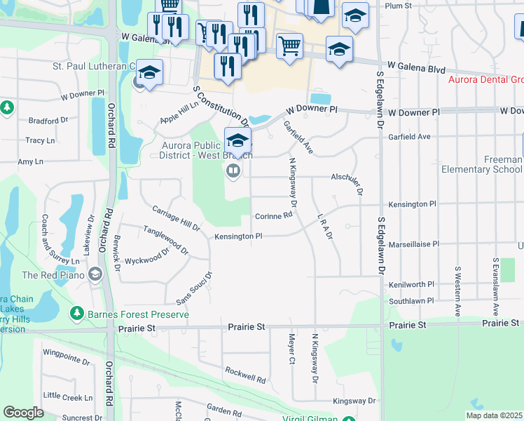 map of restaurants, bars, coffee shops, grocery stores, and more near 2085 Corinne Road in Aurora