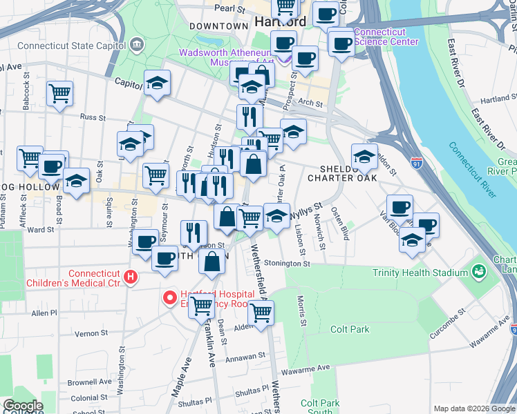map of restaurants, bars, coffee shops, grocery stores, and more near 118 Main Street in Hartford