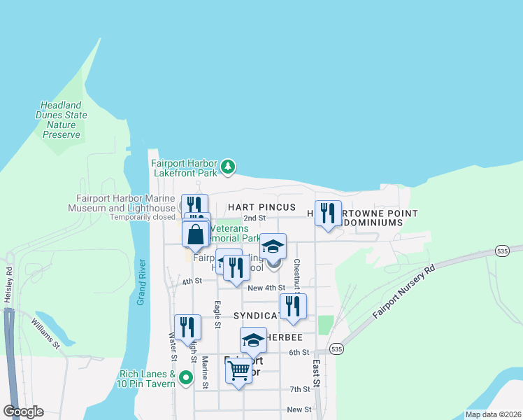 map of restaurants, bars, coffee shops, grocery stores, and more near 421 2nd Street in Fairport Harbor