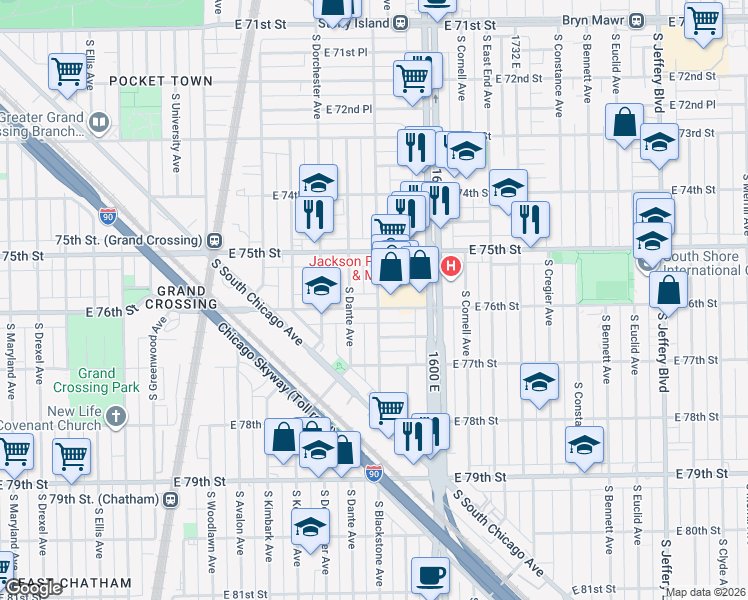 map of restaurants, bars, coffee shops, grocery stores, and more near 1500 East 76th Street in Chicago