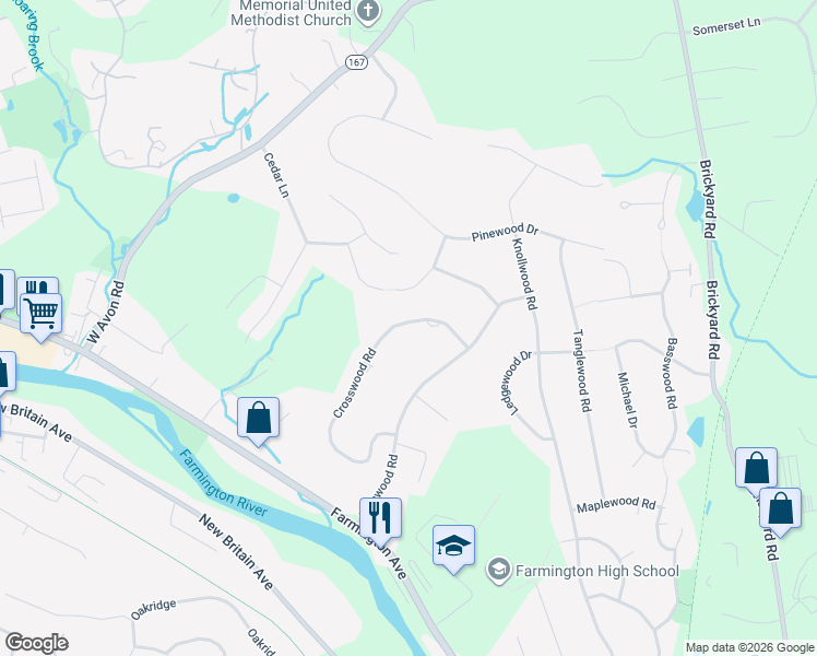 map of restaurants, bars, coffee shops, grocery stores, and more near 13 Crocus Lane in Farmington