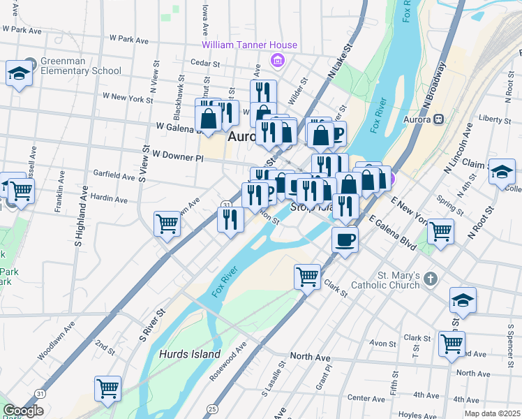 map of restaurants, bars, coffee shops, grocery stores, and more near 101 South River Street in Aurora