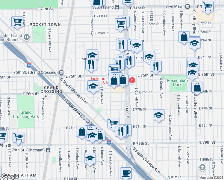 map of restaurants, bars, coffee shops, grocery stores, and more near 1500 East 76th Street in Chicago