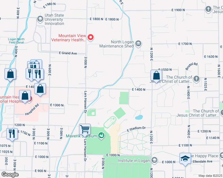 map of restaurants, bars, coffee shops, grocery stores, and more near 960 East 1400 North in Logan