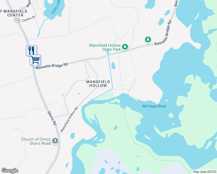 map of restaurants, bars, coffee shops, grocery stores, and more near 111 Mansfield Hollow Road in Mansfield