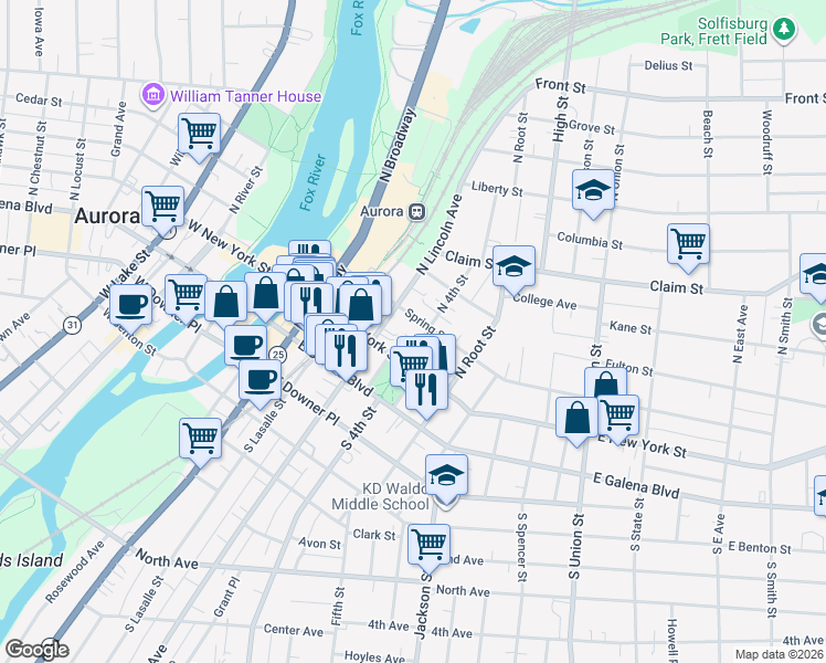 map of restaurants, bars, coffee shops, grocery stores, and more near 76 North 4th Street in Aurora