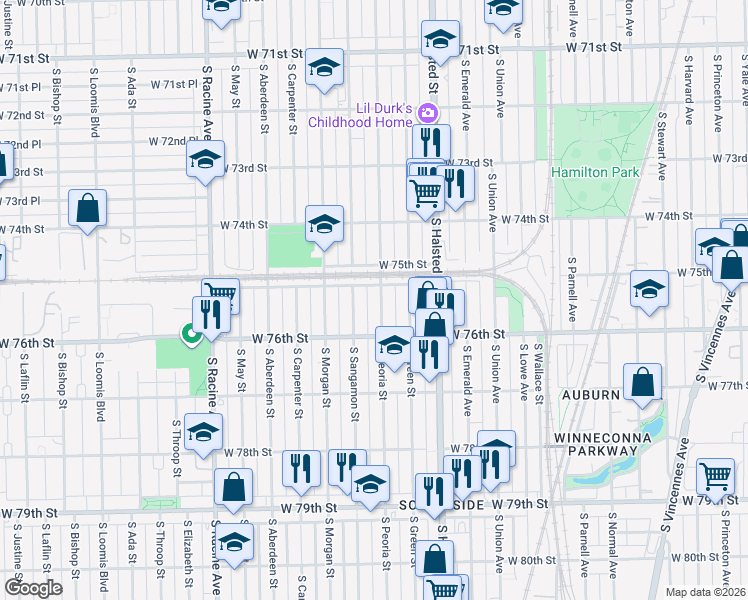map of restaurants, bars, coffee shops, grocery stores, and more near 7523 South Peoria Street in Chicago