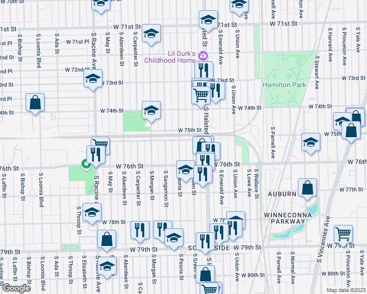 map of restaurants, bars, coffee shops, grocery stores, and more near 7523 South Peoria Street in Chicago