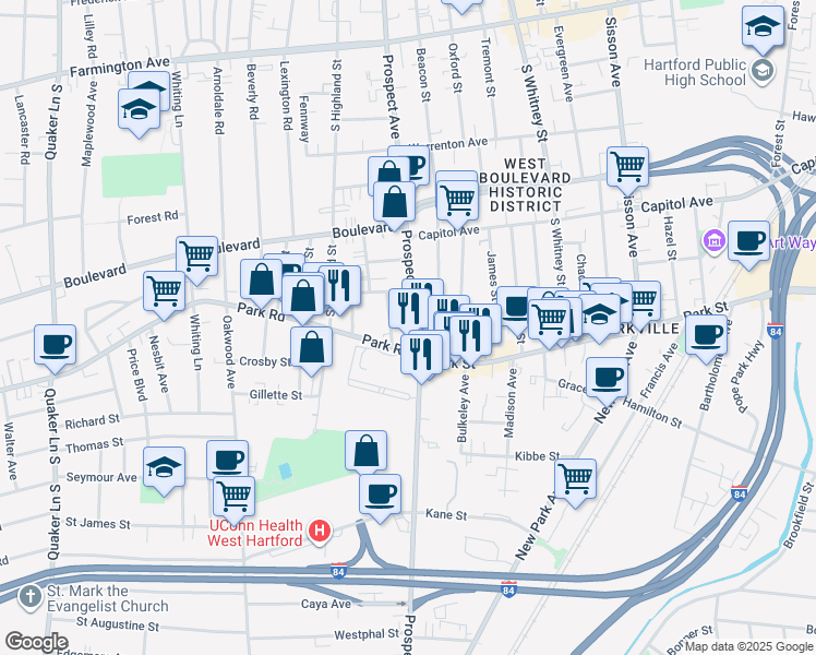 map of restaurants, bars, coffee shops, grocery stores, and more near 359 Prospect Avenue in Hartford