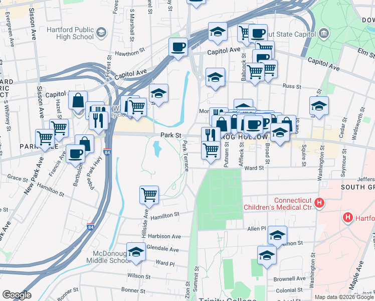 map of restaurants, bars, coffee shops, grocery stores, and more near 49 York Street in Hartford